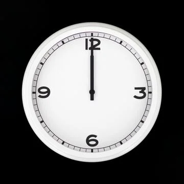 White round analog wall clock isolated on black background. Stock Photos