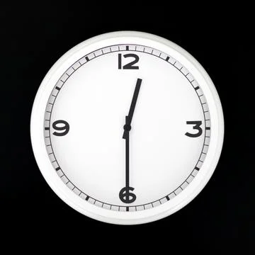 White round analog wall clock isolated on black background. Stock Photos