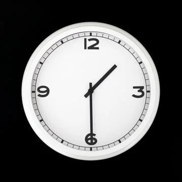 White round analog wall clock isolated on black background. Stock Photos
