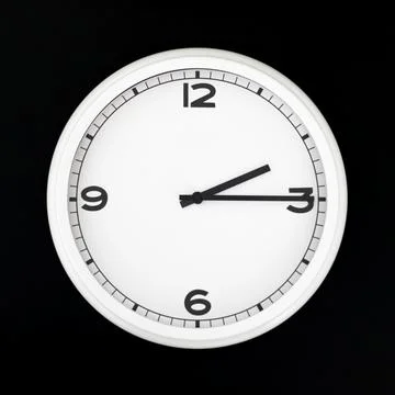 White round analog wall clock isolated on black background. Stock Photos