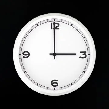 White round analog wall clock isolated on black background. Stock Photos