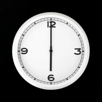 White round analog wall clock isolated on black background. Stock Photos