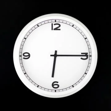 White round analog wall clock isolated on black background. Stock Photos