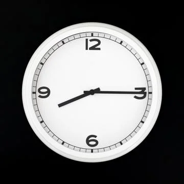 White round analog wall clock isolated on black background. Stock Photos