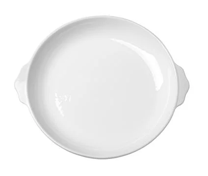 White round ceramic baking dish with handles, top view Stock Photos