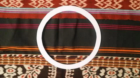 White round copy space decorated with  woven fabric, textured textile background Stock Photos