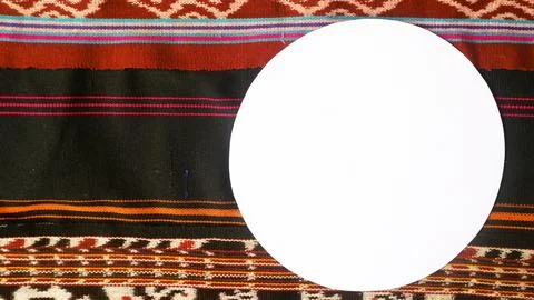White round copy space decorated with  woven fabric, textured textile background Stock-Fotos