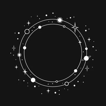 White round frame with orbits, planets and stars on black background Stock Illustration