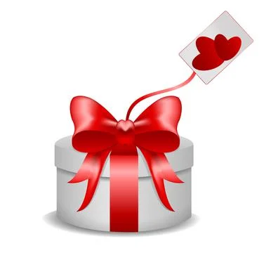 White round gift box with a red ribbon and a bow, with a card and hearts for Stock Illustration
