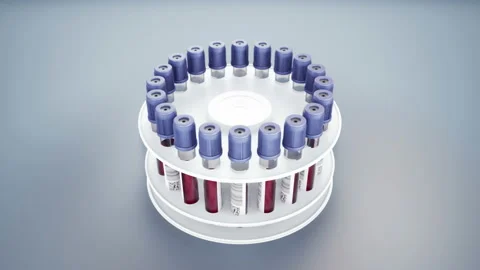 White round holder with vacutainers filled with blood samples. 60 fps animation. 動画素材 107619761