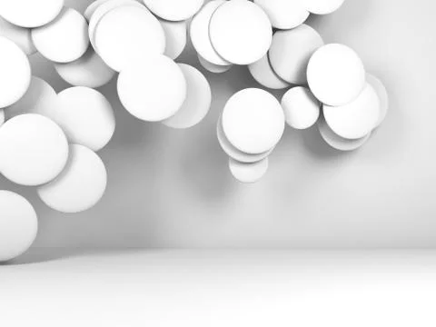 White round objects flying in empty room Stock Illustration