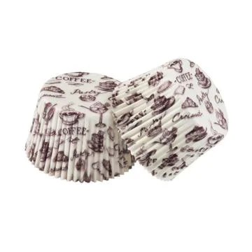 White round paper baking forms for muffins and cupcakes with coffee time patt Stock Photos