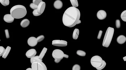 White round pills falling on a black background. Pharmaceutical concept. Stock Illustration