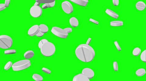White round pills falling on a green background. Pharmaceutical concept. Stock Illustration
