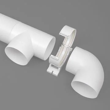 White round plastic pipe on a gray background. Ventilation system. Stock Photos