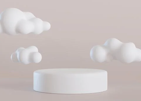 White, round podium with 3D clouds on beige background. Stage for product Stock Illustration