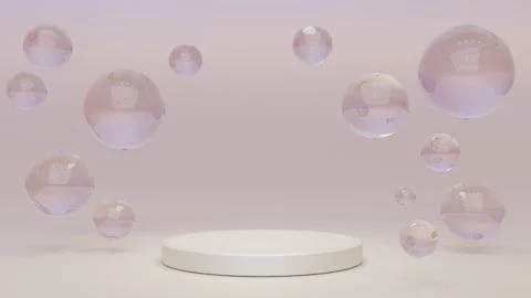 White round podium with air bubbles on pink water surface. Mock up empty ge.. イラスト素材