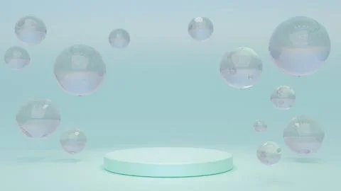 White round podium with air bubbles on mint water surface. Mock up empty geom Illustrazione stock