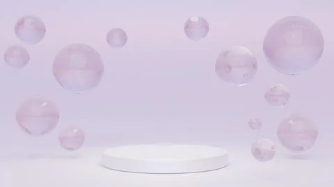 White round podium with air bubbles on blue water surface. Mock up empty ge.. Illustrazione stock