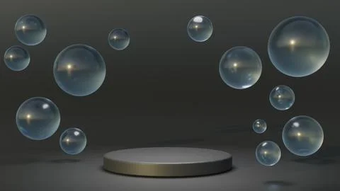 White round podium with air bubbles on greywater surface. Mock up empty geome Illustrazione stock