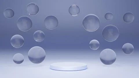 White round podium with air bubbles on blue water surface. Mock up empty ge.. Illustrazione stock