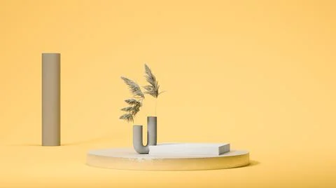 White round podium display with square bright showcase on yellow background with Illustration