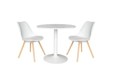 White round table and three chairs isolated on white background Stock Photos
