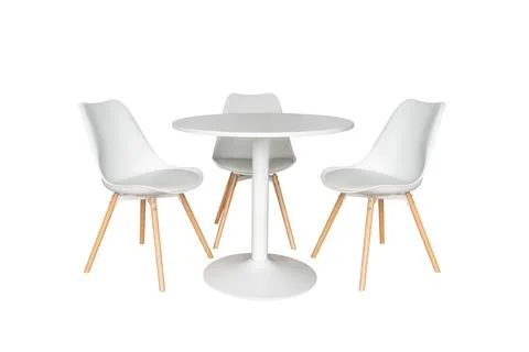 White round table and three chairs isolated on white background Stock Photos