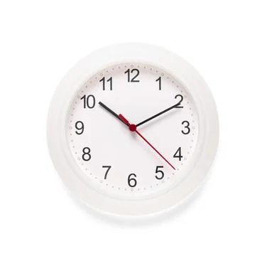 White round wall clock with black numbers and red second hand, time managemen Stock Photos