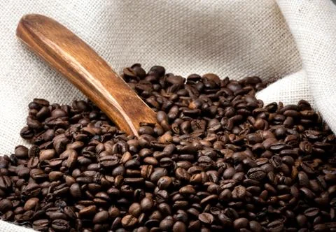 White sack with coffee beans Stock Photos