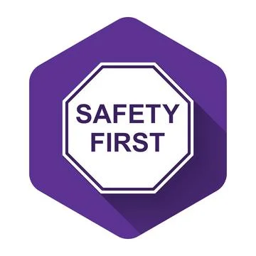 White Safety First octagonal shape icon isolated with long shadow. Purple Stock Illustration