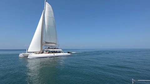 White Sail Catamaran Passes By Video stock 122950593