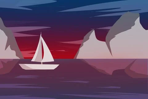 White Sailboat Between Mountains At Sunset Illustration Stock Illustration