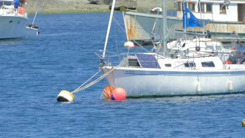 White sailboat with solar panel moored to ocean buoys Stock Footage 340254680
