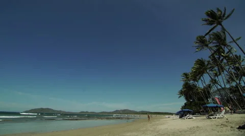 White sand beach with bright blue sky and tropical palm trees Stock Footage 61907421