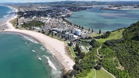 White Sand Beach City Backdrop Mount Maunganui New Zealand Aerial 4k Stock Footage 265883249