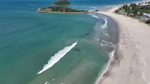 White Sand Beach City Backdrop Mount Maunganui New Zealand Aerial 4k Stock Footage 265883288