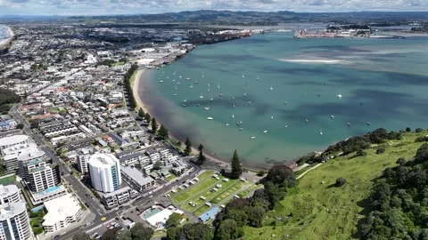 White Sand Beach City Backdrop Mount Maunganui New Zealand Aerial 4k Stock Footage 265883799