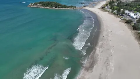 White Sand Beach City Backdrop Mount Maunganui New Zealand Aerial 4k Stock Footage 265884049