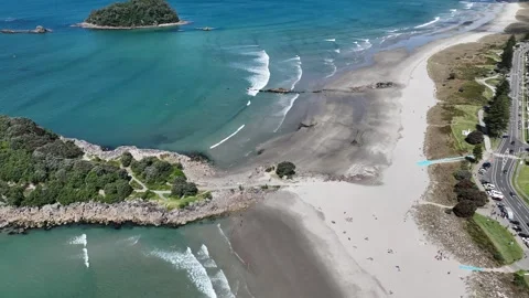 White Sand Beach City Backdrop Mount Maunganui New Zealand Aerial 4k Stock Footage 265884119