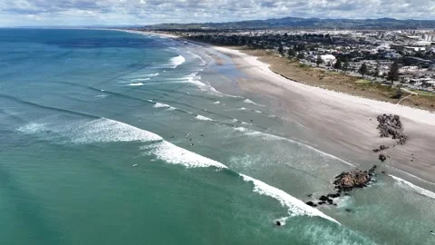 White Sand Beach City Backdrop Mount Maunganui New Zealand Aerial 4k Stock Footage 265884514