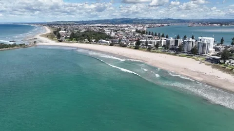 White Sand Beach City Backdrop Mount Maunganui New Zealand Aerial 4k Stock Footage 265886749