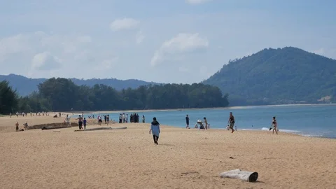 White sand beach which full of tourist people in summer holiday in phuket Stock Footage 125254055