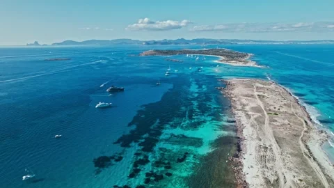 White sand Platja de Ses Illetes Beach on a narrow strip of land on Formentera. Stock Footage 203837765