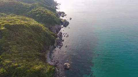 White sandy beach and blue sea at niinohama beach, aerial Stock Footage 109055768