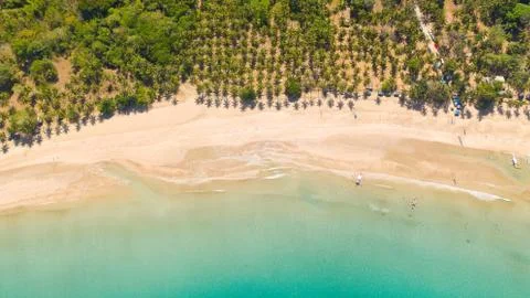 White sandy beach with palm trees and a beautiful lagoon. Stock Photos