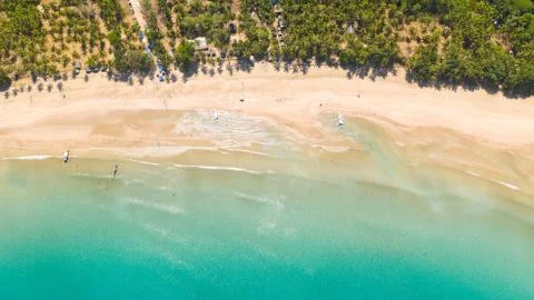 White sandy beach with palm trees and a beautiful lagoon. Stock Photos