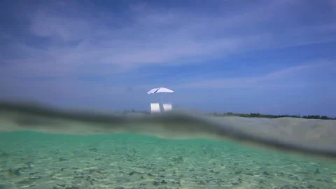 White Sandy Beach, Umbrellas, and Deck Chairs Video stock 332448893