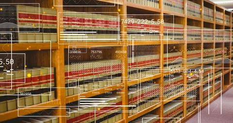 White scan frames initiating shelf scanning over wooden bookshelves, indexing Stock Footage 312298315