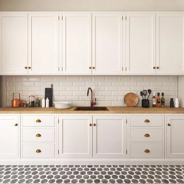 White scandinavian kitchen interior on Moroccan tiles floor. Kitchenware with Stock Illustration
